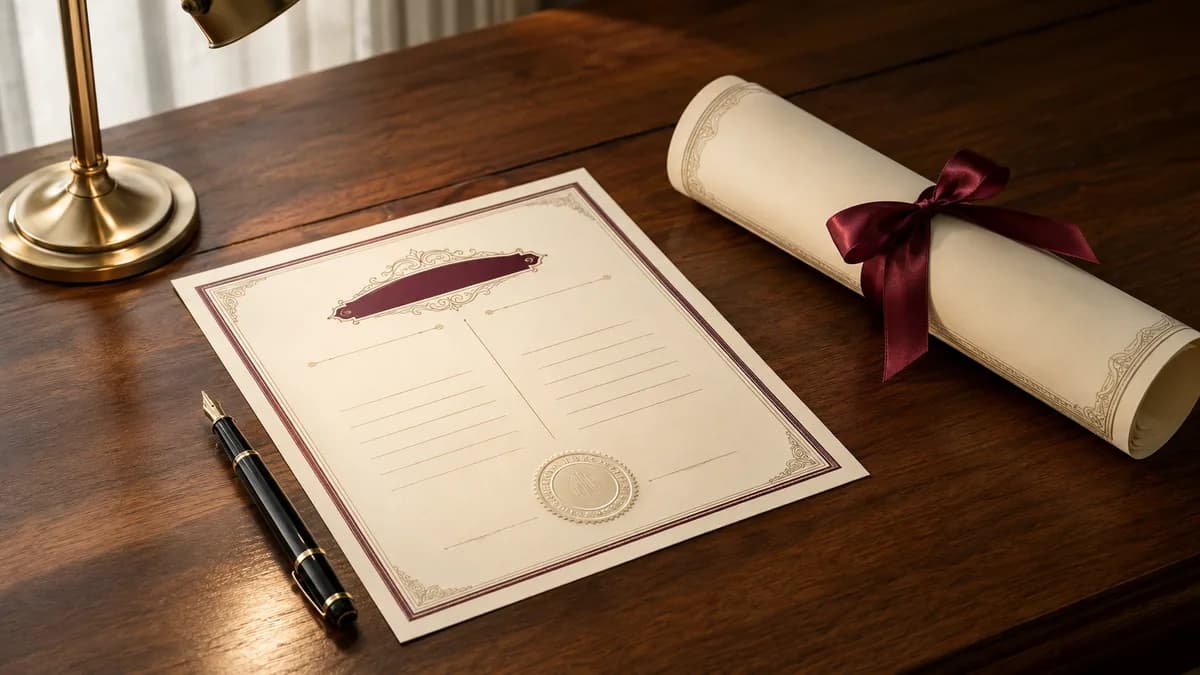 A language certificate and a diploma on a desk with a pen