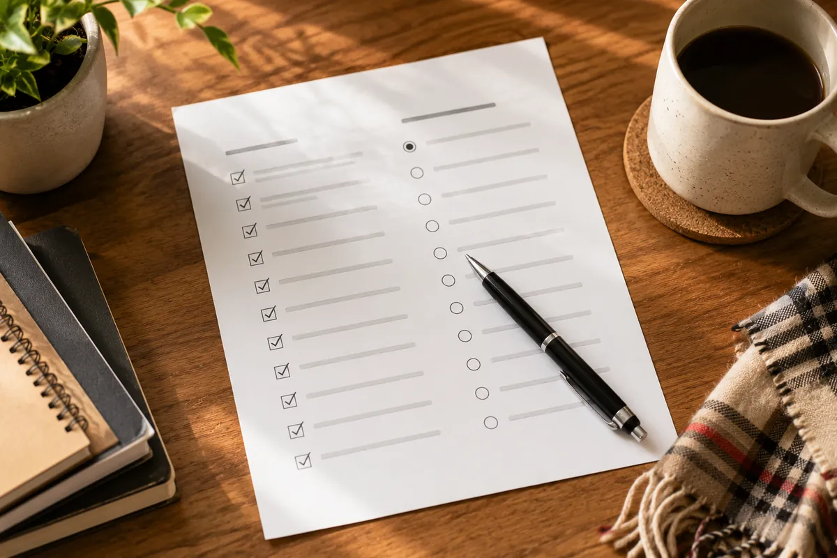 Une liste de questions imprimées avec des réponses écrites à la main à côté
