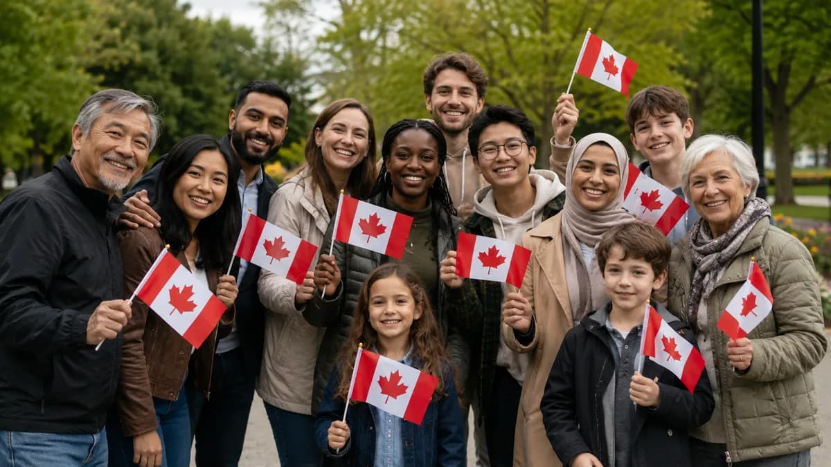 Un groupe diversifié de personnes tenant de petits drapeaux canadiens