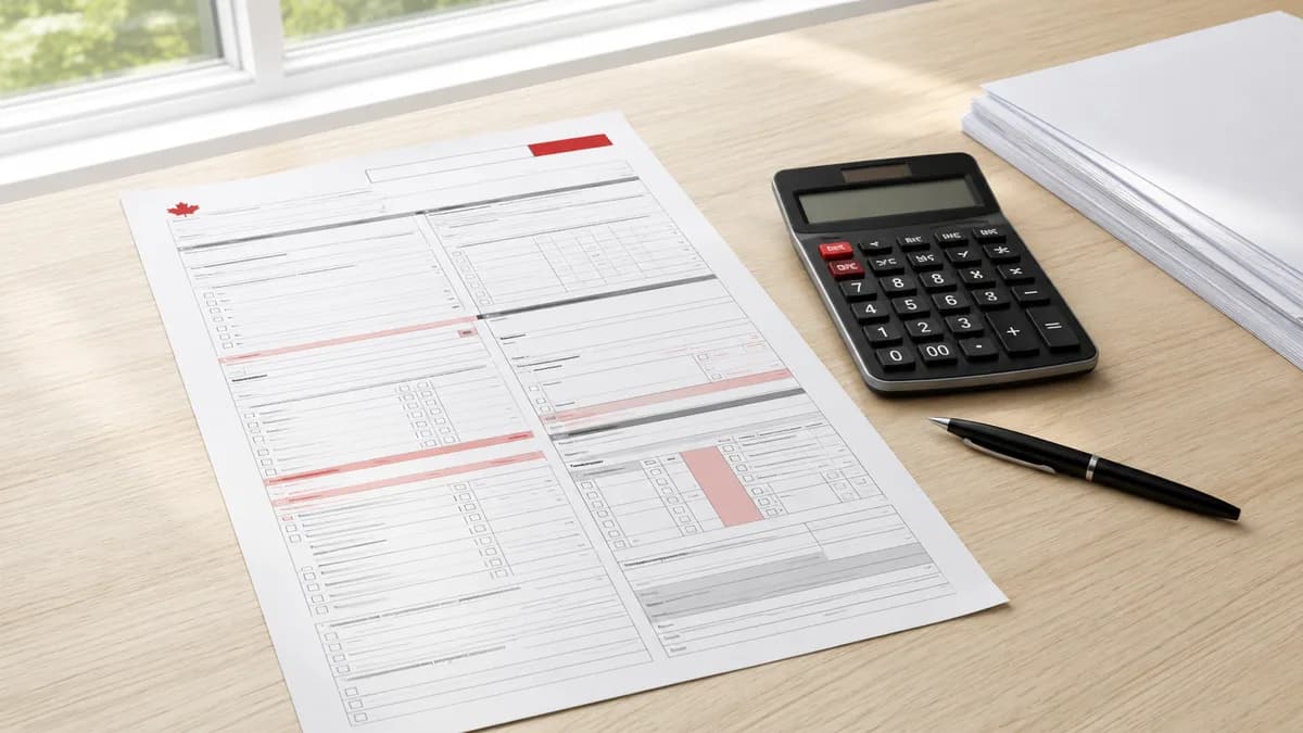 A Canadian income tax form and a calculator on a bright desk