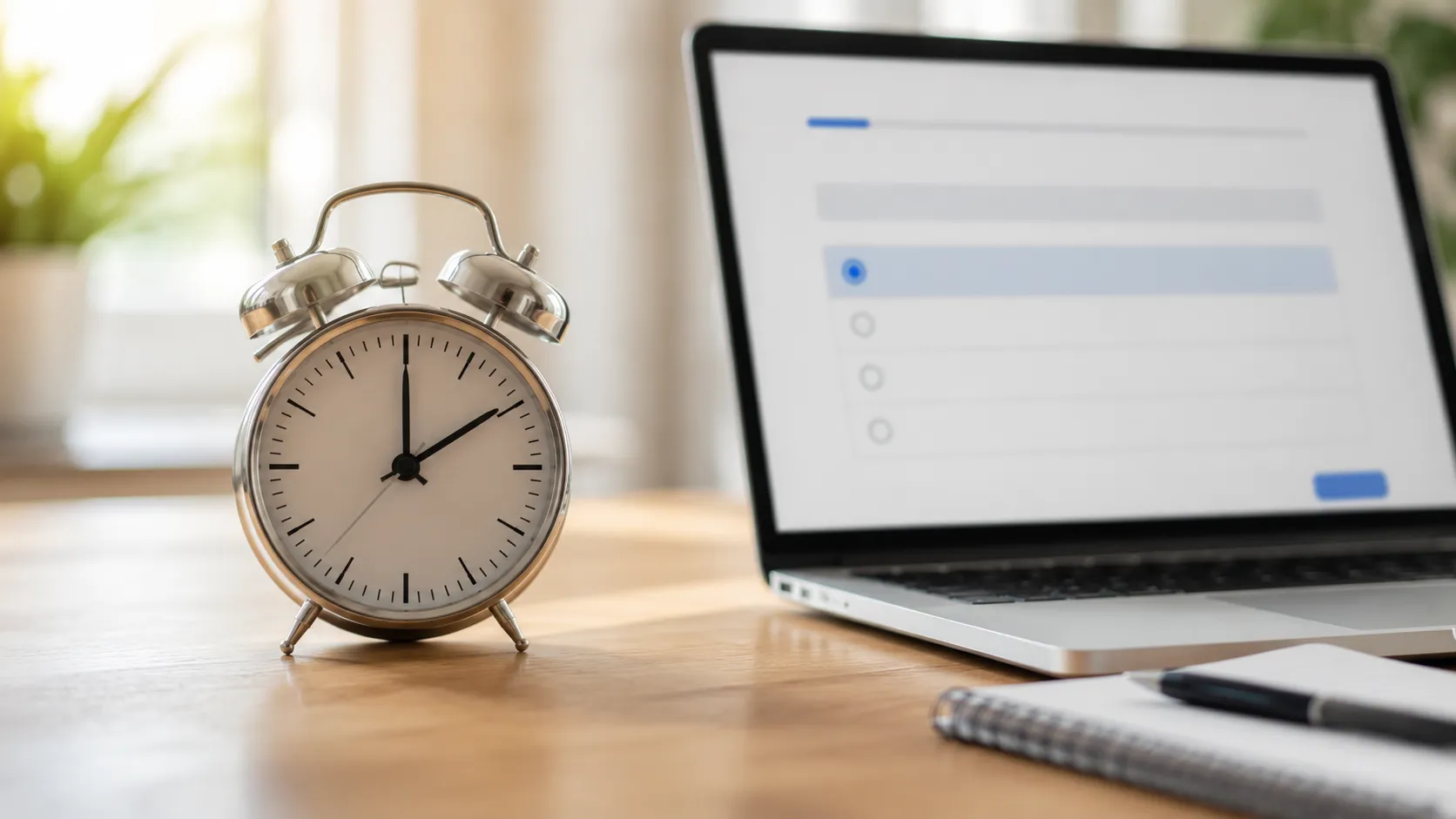 Un chronomètre posé à côté d'un ordinateur affichant un examen