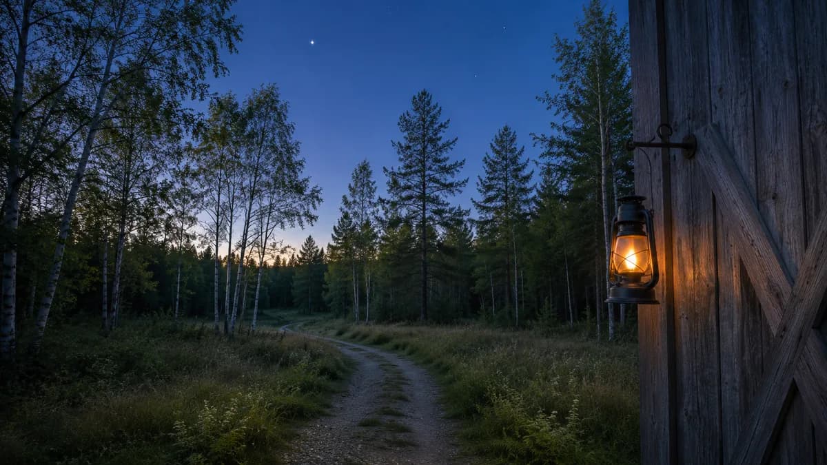 A tree-lined country road under a starry night sky