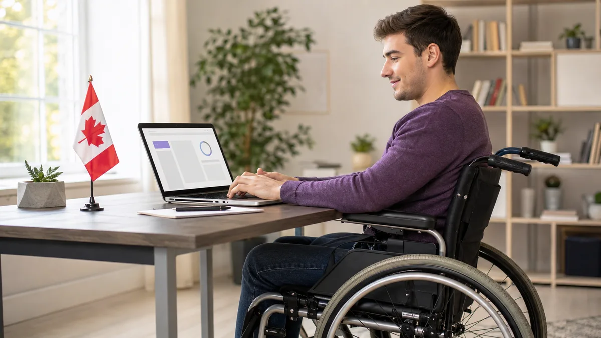 A person in a wheelchair studying at a desk with a laptop and a small Canadian flag