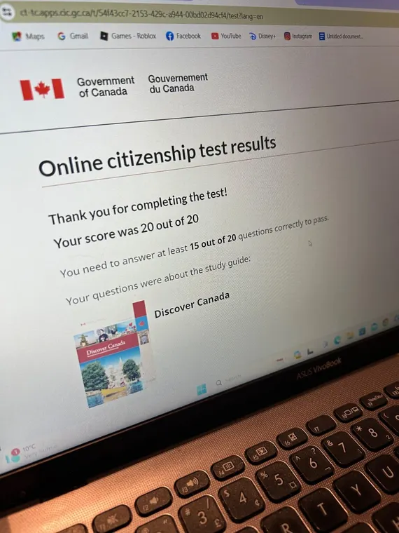 Official screenshot: 20 out of 20 on the citizenship test