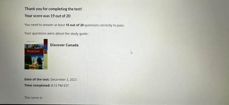Official screenshot: 19 out of 20 on the citizenship test