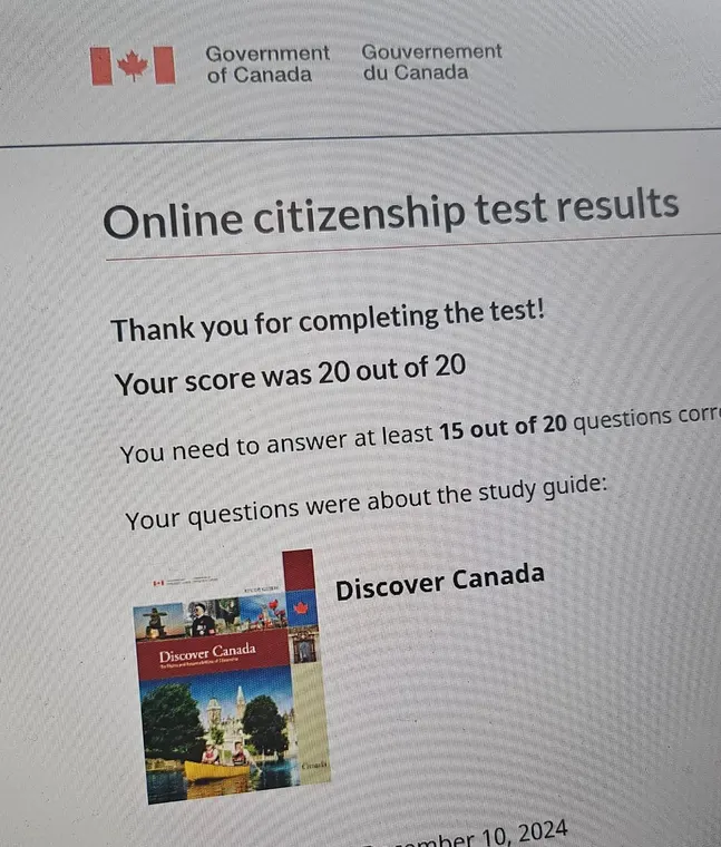 Official screenshot: 20 out of 20 on the citizenship test