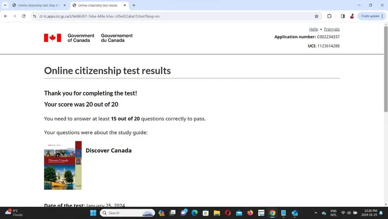 Official screenshot: 20 out of 20 on the citizenship test