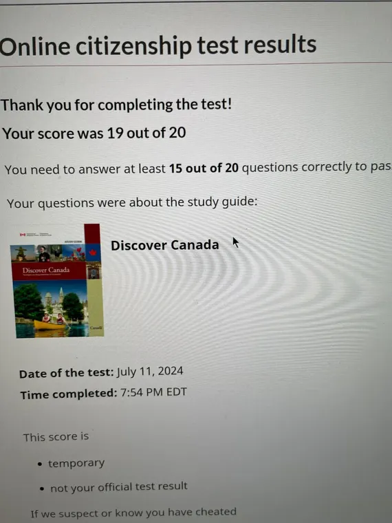 Official screenshot: 19 out of 20 on the citizenship test