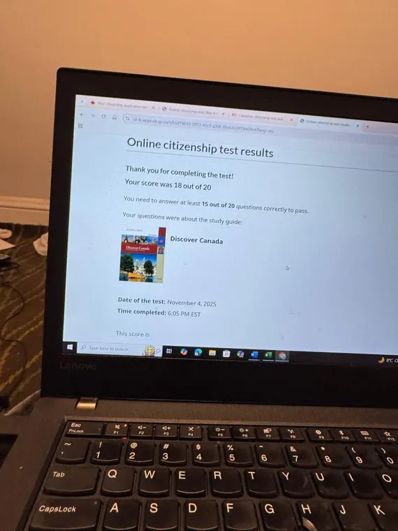 Official screenshot: 18 out of 20 on the citizenship test