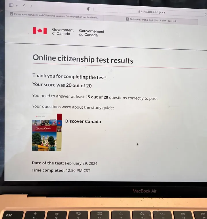 Official screenshot: 20 out of 20 on the citizenship test