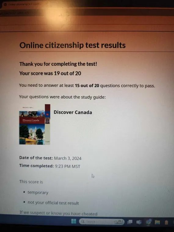 Official screenshot: 19 out of 20 on the citizenship test
