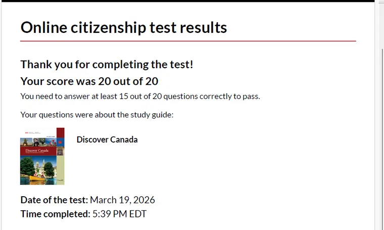 Official screenshot: 20 out of 20 on the citizenship test