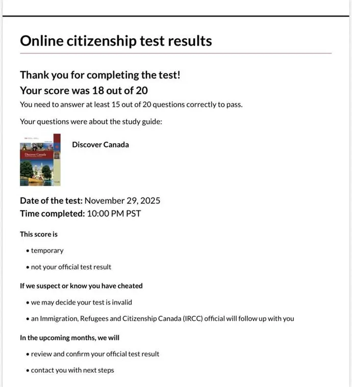 Official screenshot: 18 out of 20 on the citizenship test