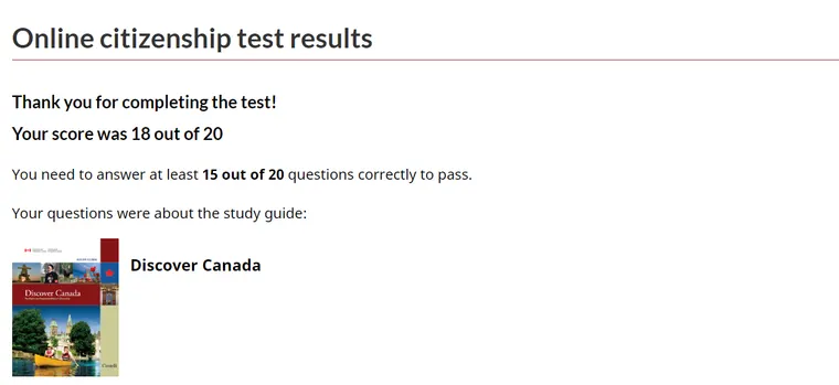Official screenshot: 18 out of 20 on the citizenship test