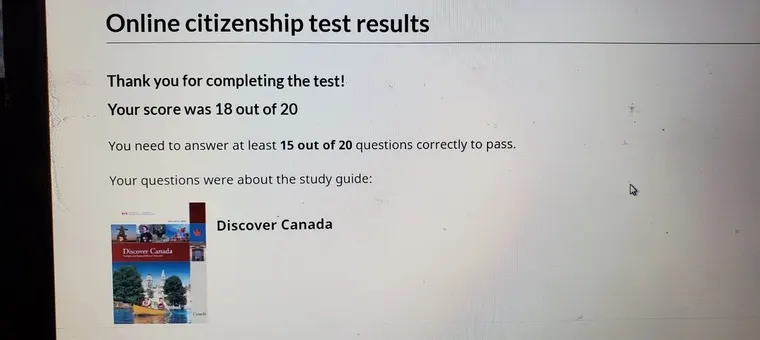 Official screenshot: 18 out of 20 on the citizenship test