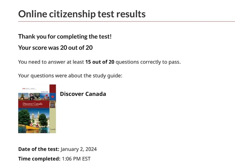 Official screenshot: 20 out of 20 on the citizenship test